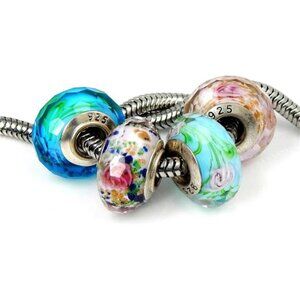 Set of 4 Handmade Faceted Murano Glass Charm Bead with Roses